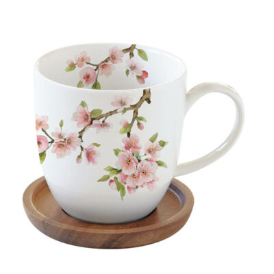 Caneca em porcelana 350 ml c/tampa em acácia SAKURA