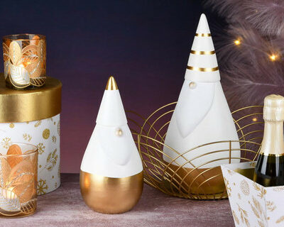 Gnomo Decorativo Branco & Dourado – Cerâmica Elegance