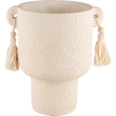 Vaso em Cerâmica Texturada com Pendurados de Franjas – Branco