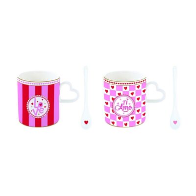 Conjunto de 2 Chávenas de Café “Cuoricini” com Colheres – Porcelana